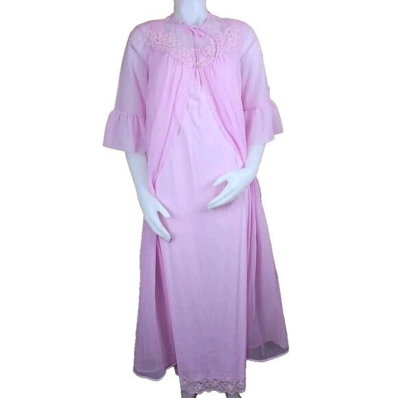 Vintage Sheer Nylon Lace Peignoir Set Blush Pink Nightgown Chiffon Robe Womens M
